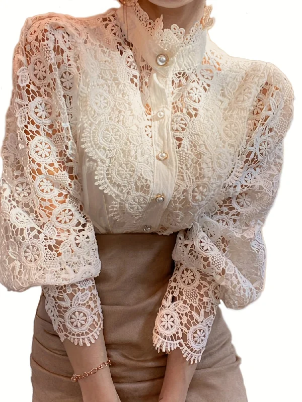 Sixsr Women's Blouse Lace Puff Sleeve Lantern Sleeve Solid Pleated Women Blouse