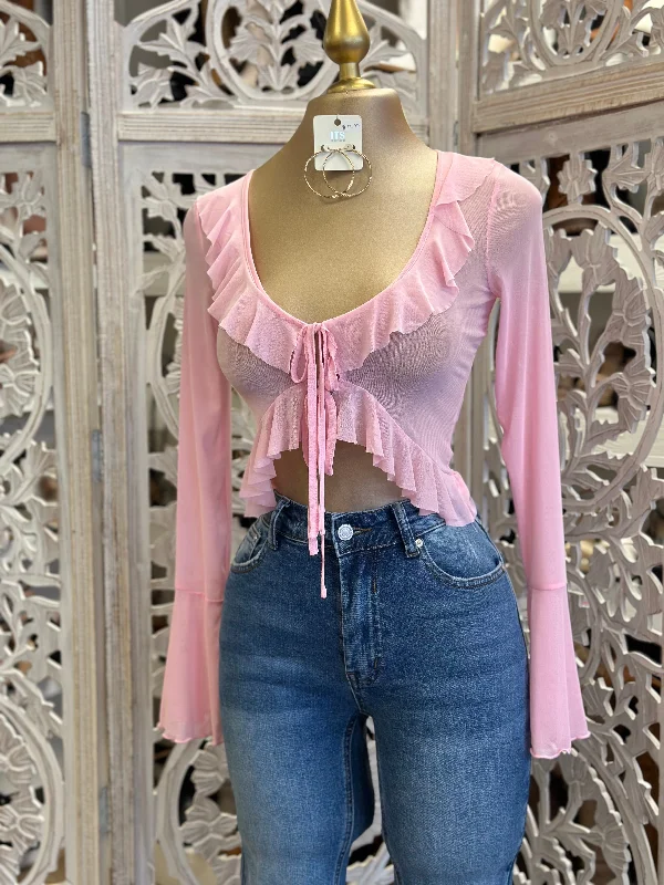 Pink Mesh Ruffled Blouse- Stretchy