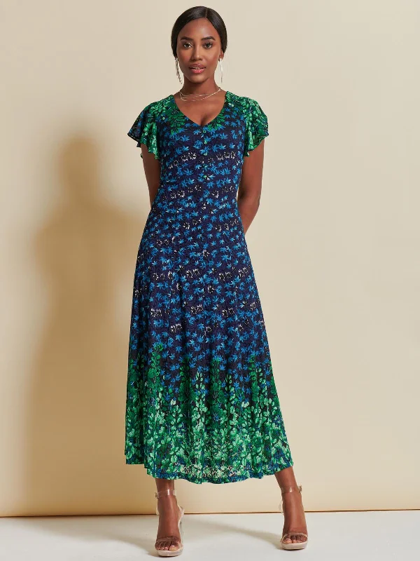 Mirrored Print Lace Maxi Dress, Green Multi