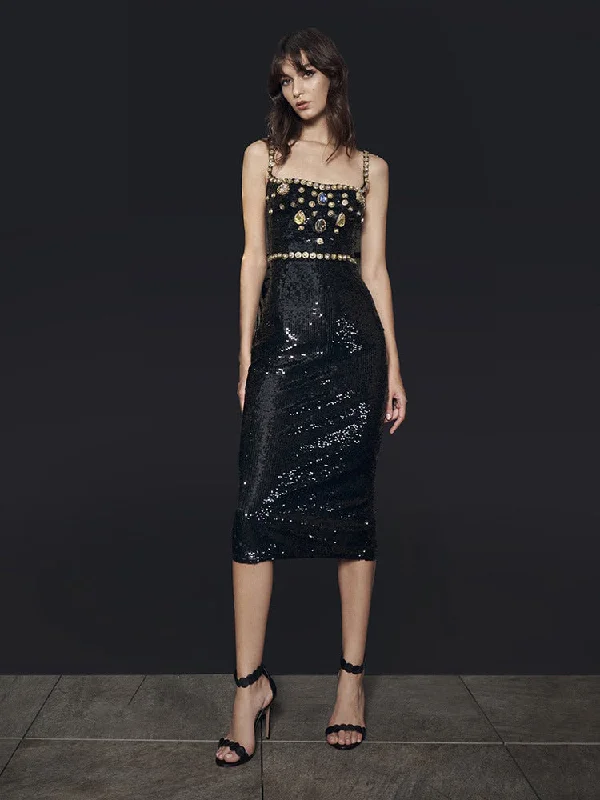 Crystal Sequined Square Collar Spaghetti Strap Dress