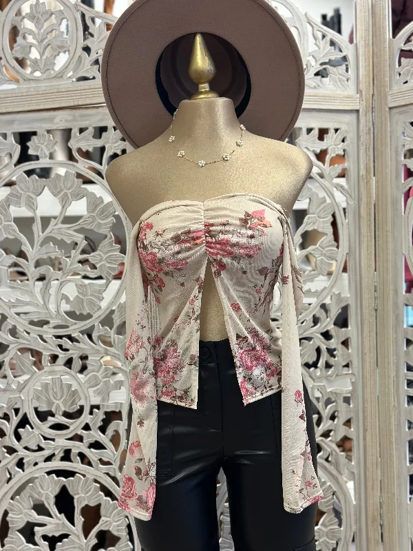 Floral Ribbon Split Blouse