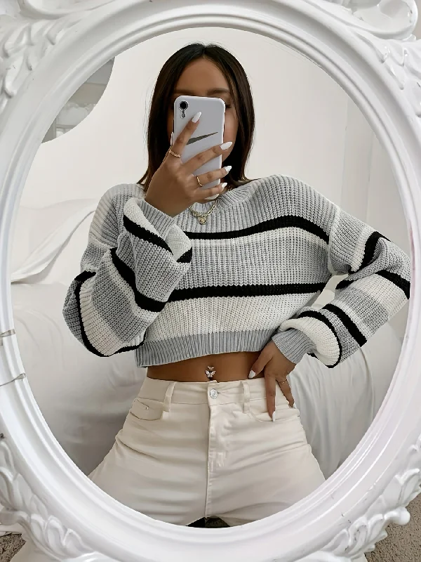 Sixsr Color Block Striped Knit Sweater, Casual Crew Neck Long Sleeve Sweater, Women's Clothing