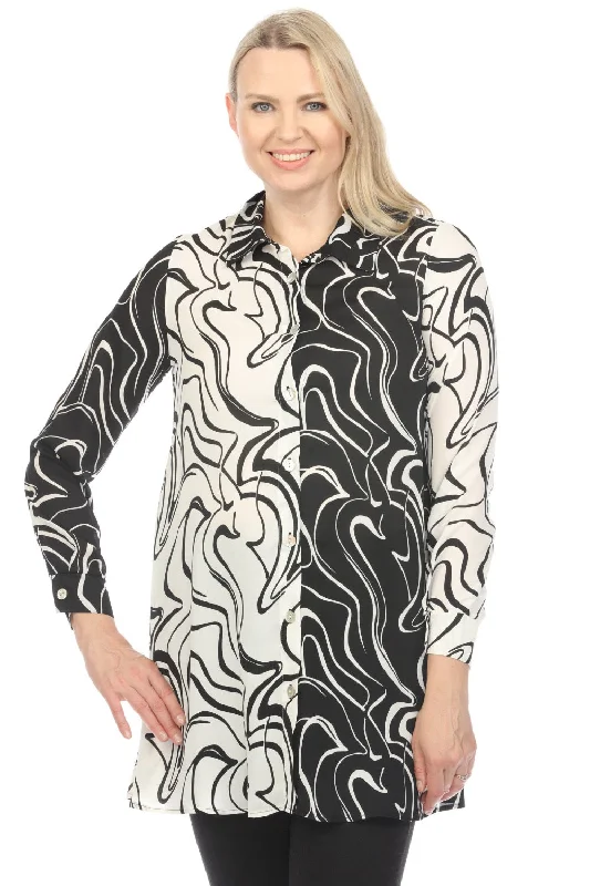 Joseph Ribkoff Vanilla/Black Blocked Abstract Print Button Front Blouse 241250