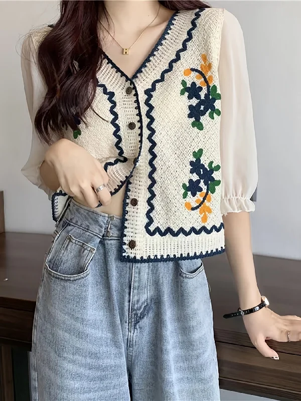 Sixsr Floral Embroidery Button Front Cardigan, Vintage V Neck Sleeveless Sweater For Spring & Summer, Women's Clothing