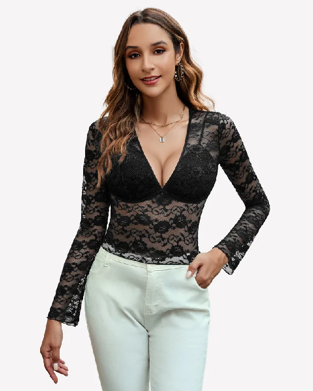 Mesh Long Sleeve Blouse Floral Lace Top