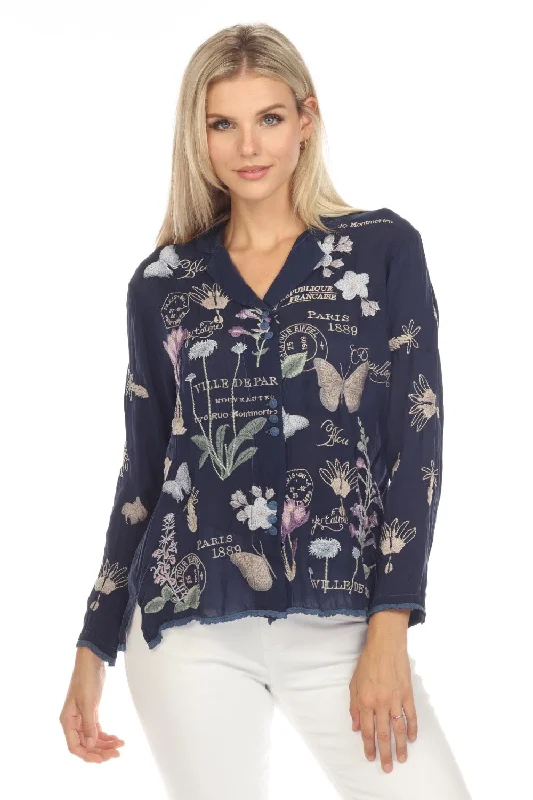 Johnny Was Mariposa Embroidered Long Sleeve Blouse Boho Chic C11323-1