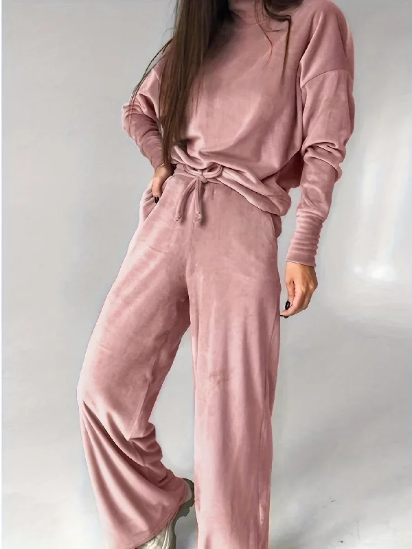 Sixsr Solid Casual Two-piece Set, Crew Neck Long Sleeve Tops & Drawstring Wide Leg Pants Outfits, Women's Clothing