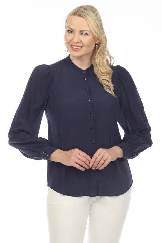 Johnny Was Navy Poplin Relaxed Silk Button-Down Shirt Boho Chic R12522