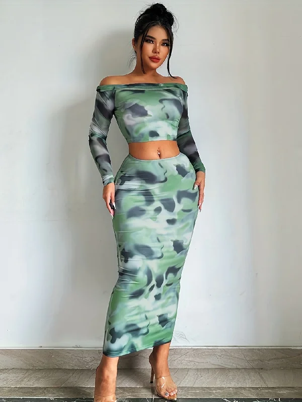 Sixsr Tie Dye Print Sexy Two-piece Set, Off Shoulder Long Sleeve Tops & High Waist Maxi Skirts Outfits, Women's Clothing