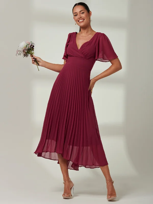 Elene Pleated High Low Chiffon Maxi Dress, Raspberry