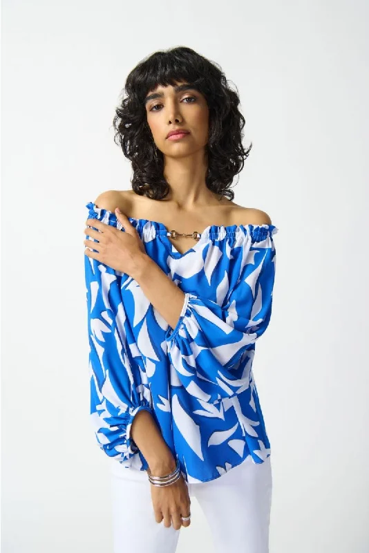 Joseph Ribkoff Blue/Vanilla Abstract Print Off-Shoulder 3/4 Sleeve Top 242028