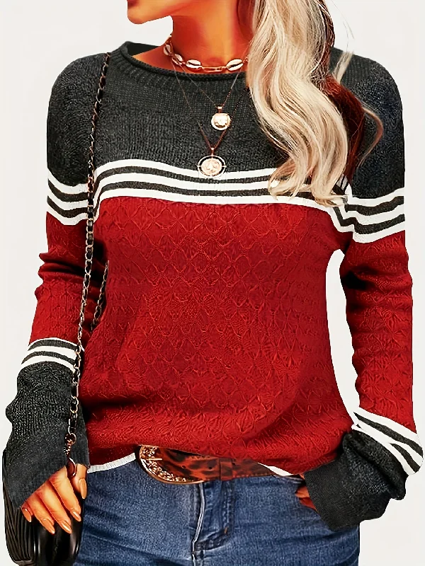 Sixsr Color Block Boat Neck Knitted Top, Casual Long Sleeve Pullover Sweater For Fall & Winter, Women's Clothing