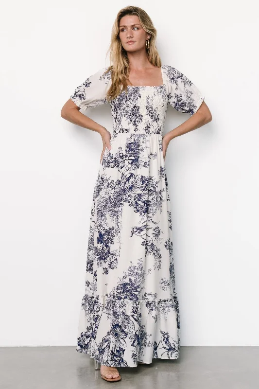 Capri Smocked Maxi Dress | Ivory + Blue Floral