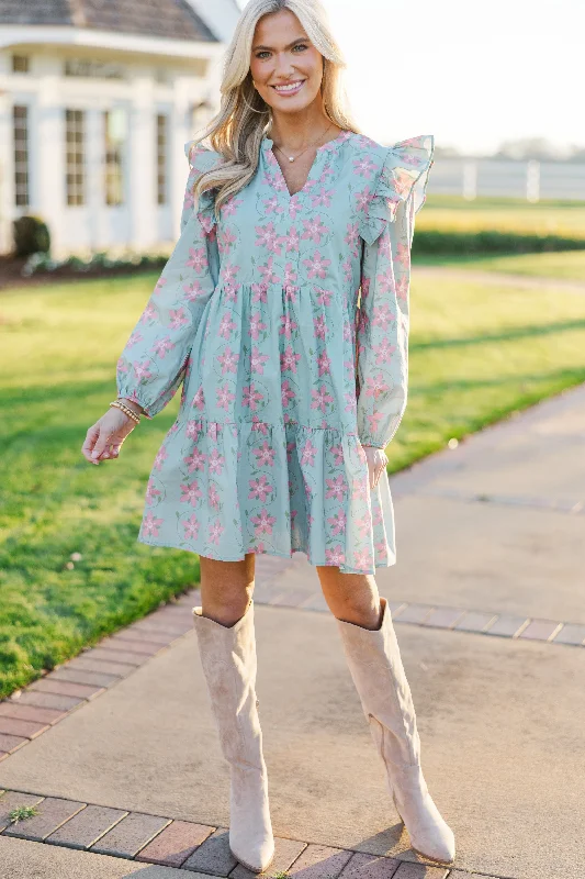 At This Time Light Blue Floral L/S Babydoll Dress