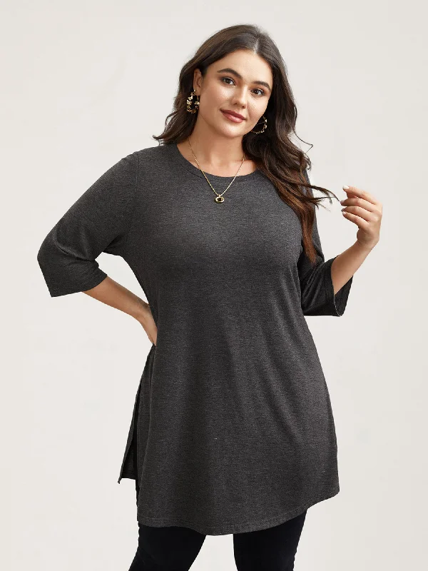 Solid Slit Round Neck Tunic T-Shirt