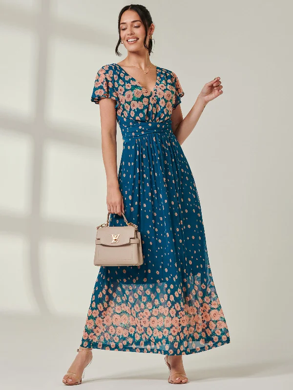 Carlii Symmetrical Print Mesh Maxi Dress, Teal Floral