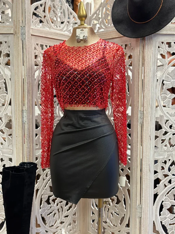 Red Mesh Rhinestone Design Blouse