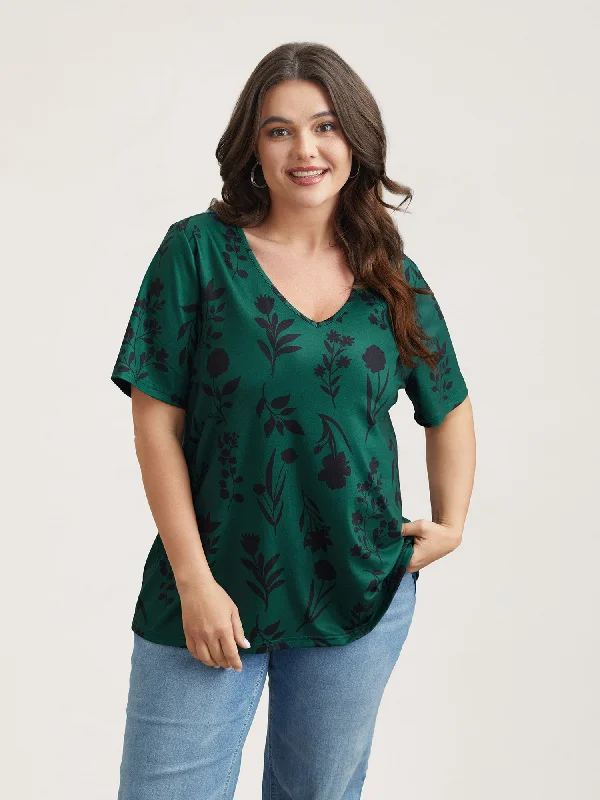 Stretchy Floral Print V-Neck T-Shirt