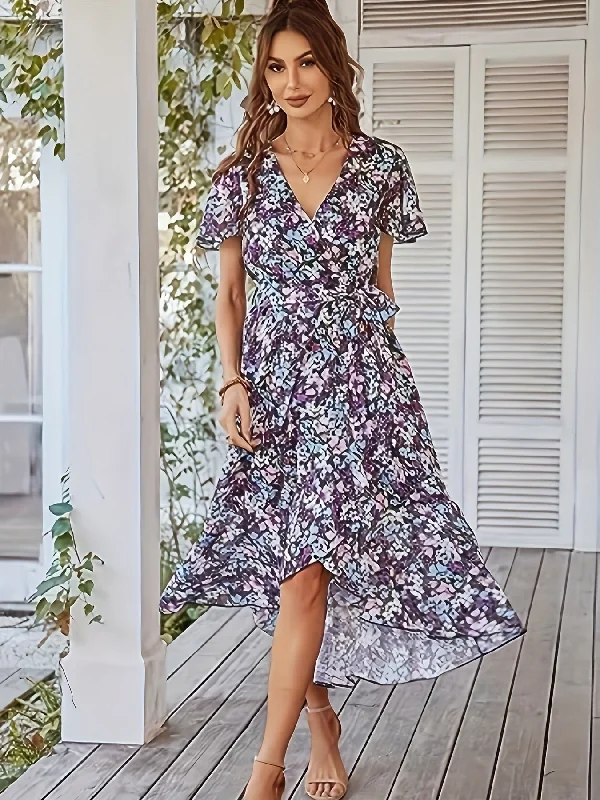 Sixsr Floral Print Wrap Dress, Boho Short Sleeve V Neck Dress, Women's Clothing