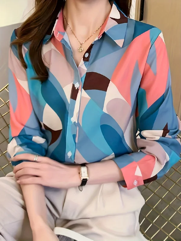 Sixsr Color Block Button Front Shirt, Casual Long Sleeve Shirt For Spring & Fall, Women's Clothing