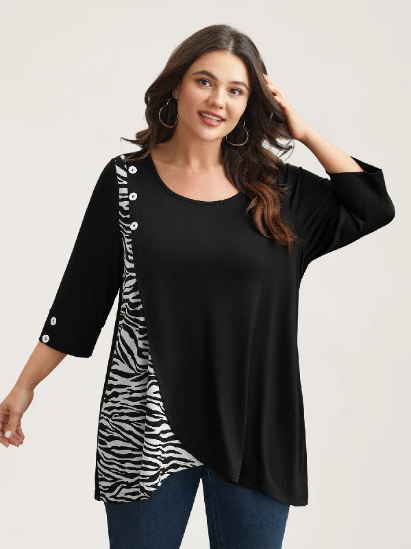 Zebra Print Panel Round Neck T-Shirt