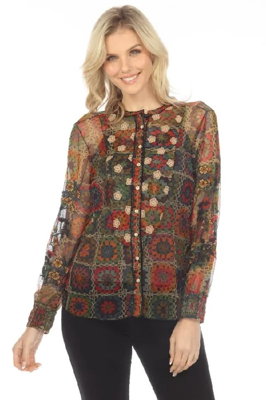 Johnny Was Biya Flavie Mesh Embroidered Blouse Boho Chic B11123