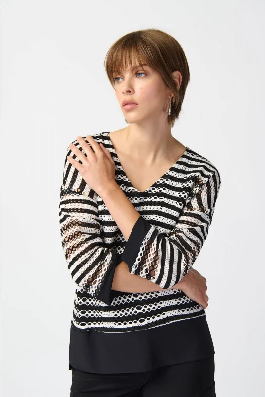 Joseph Ribkoff Black/White Striped Open-Knit 3/4 Sleeve Hi-Low Top 241255