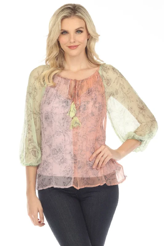 Johnny Was Love Serena Peasant Silk Blocked Floral Blouse Boho Chic L14123