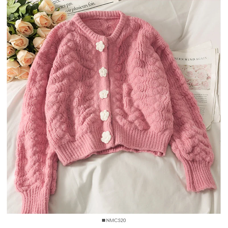 Sweet wind three-dimensional flower single breasted cardigan sweater female  1705