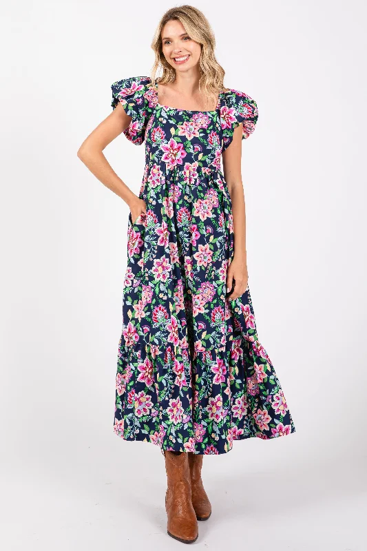 Navy Blue Floral Square Neck Puffy Sleeves Dress