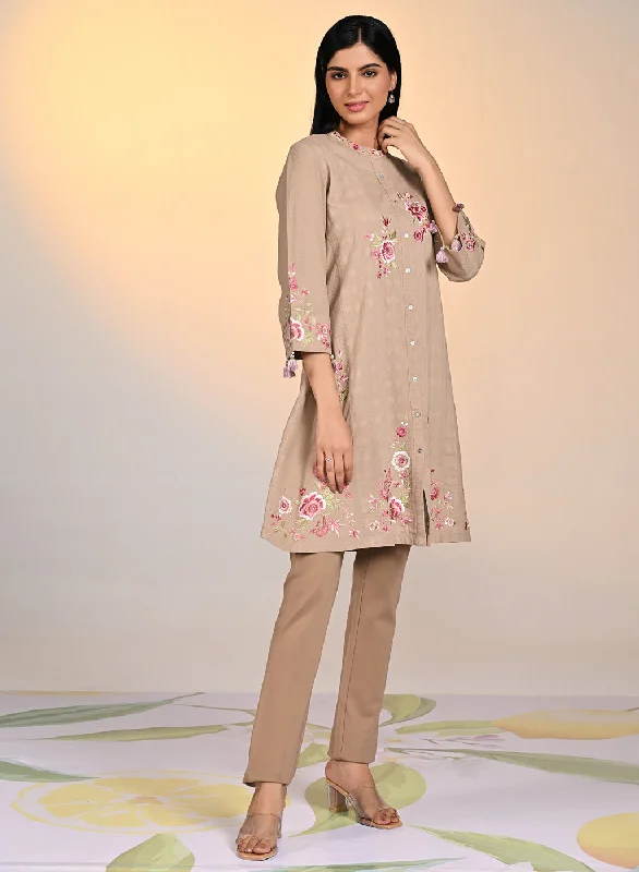 Zaheen Beige Embroidered Cotton Jacquard Tunic for Women