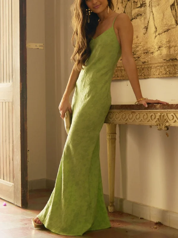 Elegant Lime Green Charming Jacquard V-Neck Maxi Dress