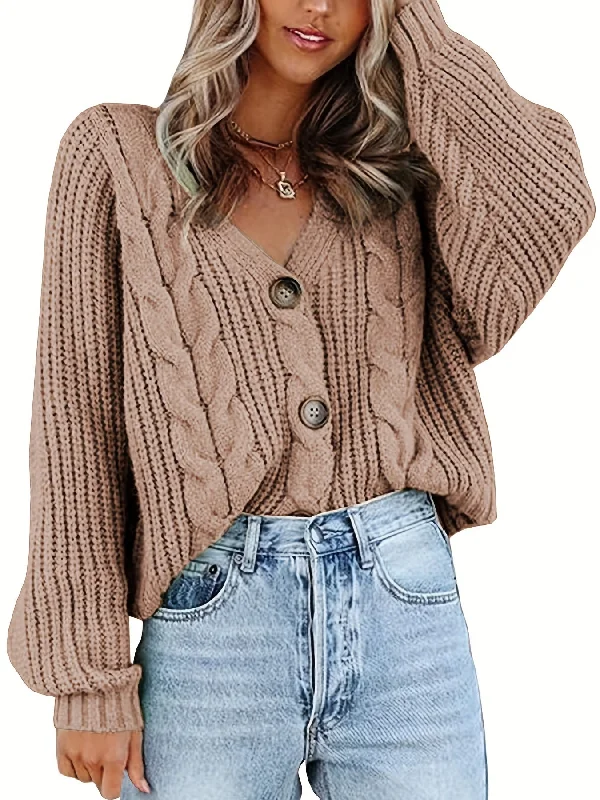 Sixsr Solid Button Front Knit Cardigan, Casual V Neck Long Sleeve Sweater, Women's Clothing