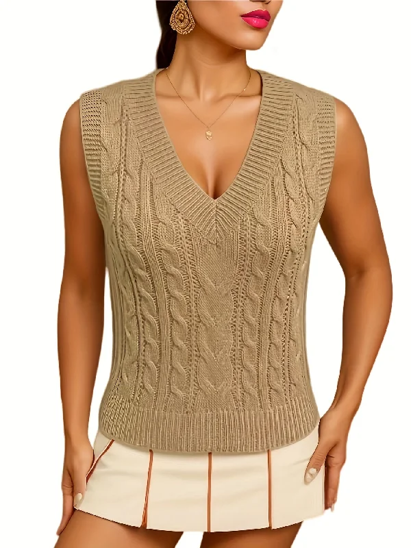 Sixsr Solid V Neck Sweater Vest, Elegant Sleeveless Sweater For Spring & Fall, Women's Clothing