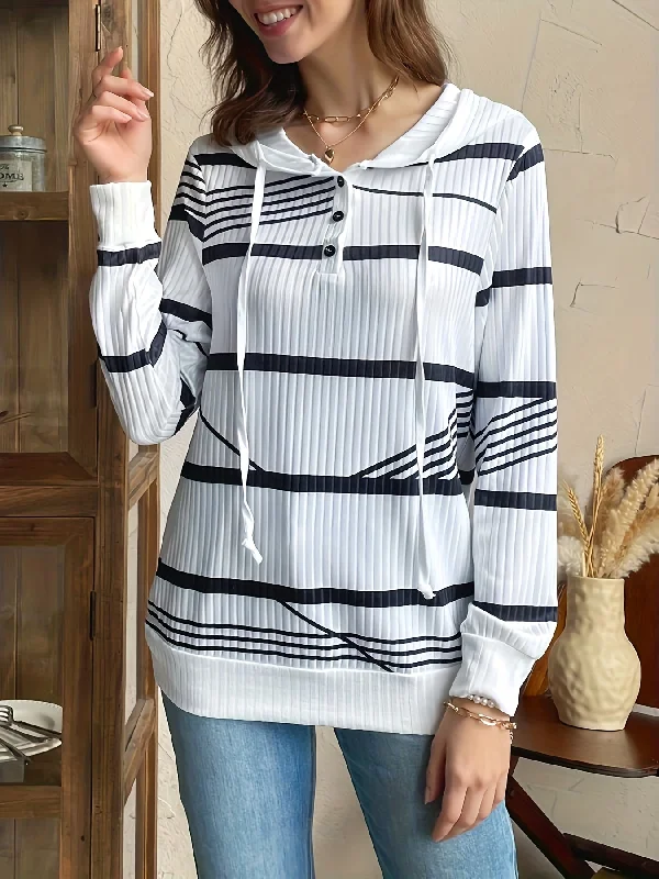 Sixsr Stripe Print Drawstring Hoodie, Casual Button Front Long Sleeve Hoodies, Women's Clothing