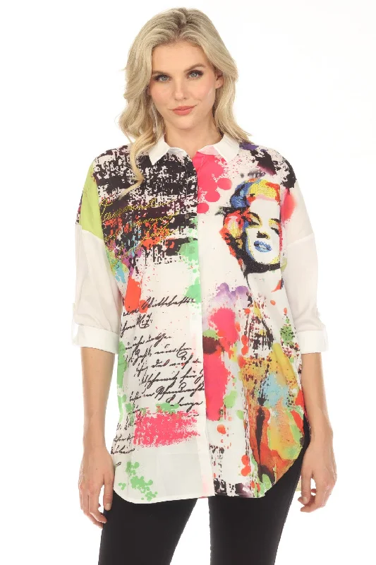 Tricotto White/Multi Embellished Printed 3/4 Sleeve Tunic Top Blouse 493