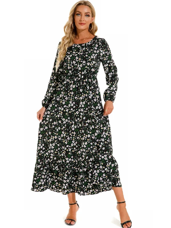 Sixsr Bohemian Flowy Ruffle Long Dress, Casual Floral Print Long Sleeve Crew Neck Waist Long Dresses, Women's Clothing