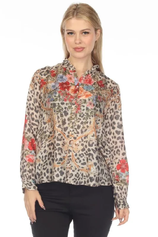 Johnny Was Cheetah Amabel Silk Button-Down Blouse Boho Chic C14822