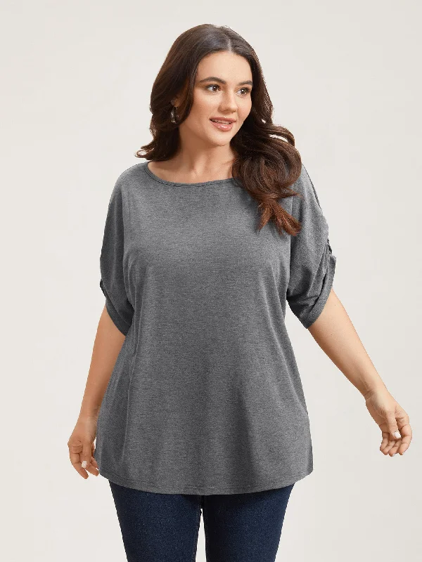 Stretchy Solid Color Gathered Sleeve T-Shirt