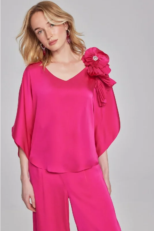 Joseph Ribkoff Shocking Pink Pleated Rosette Detail V-Neck Satin Top 241767