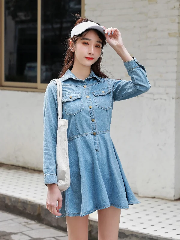 Sixsr Blue Flap Pockets Denim Dress, Long Sleeves Single Breasted Button Lapel Denim Dress, Women's Denim Clothing