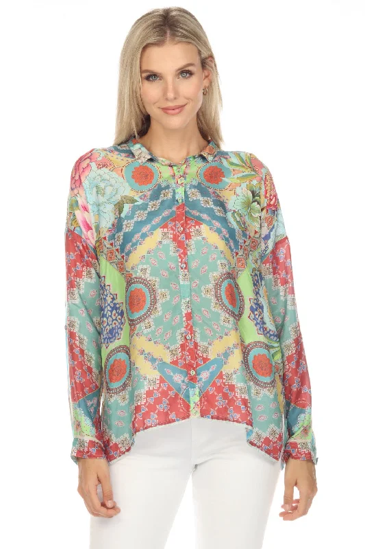 Johnny Was Prisma Seline Silk Floral Button-Down Blouse Boho Chic C19723