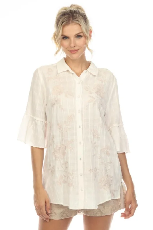 Johnny Was Workshop White Sylvie Ruffle Sleeve Embroidered Tunic Top Boho Chic W26023