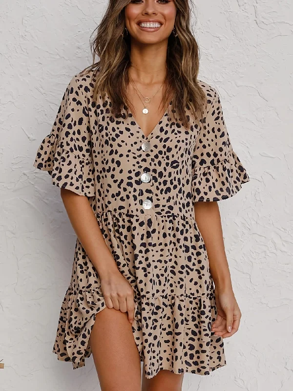 Sixsr Leopard Print Button Tiered Dress, Ruffle Hem V Neck Short Sleeve Layered Dress, Casual Every Day Dress, Women's Clothing