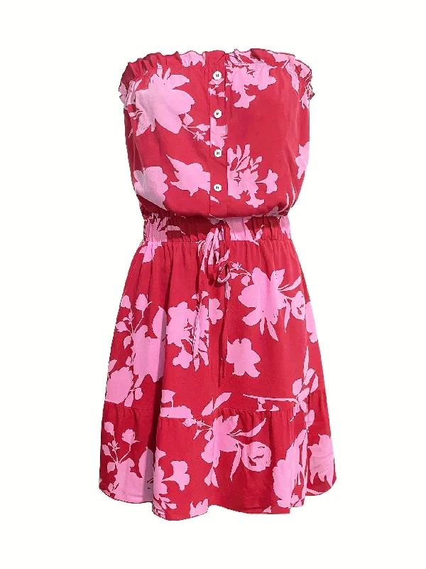 Sixsr Ditsy Floral Off Shoulder Dress, Sexy Sleeveless Drawstring Summer Dress, Women's Clothing