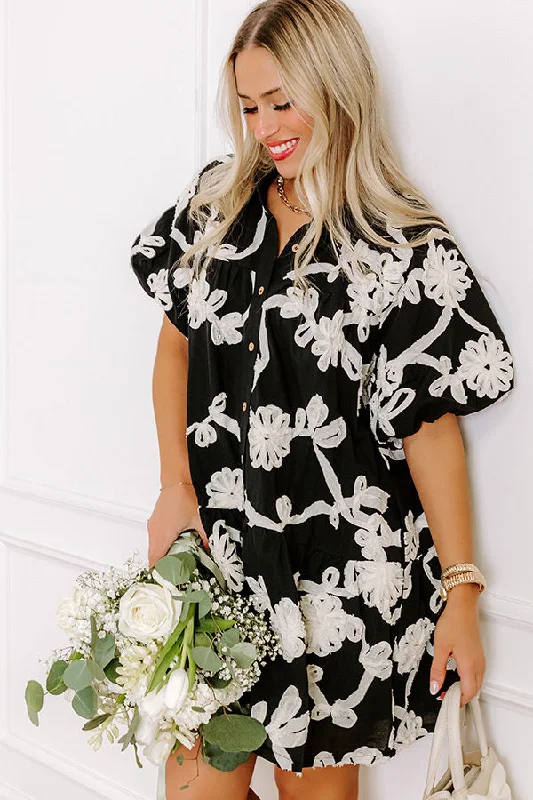 Floral Statement Embroidered Mini Dress in Black