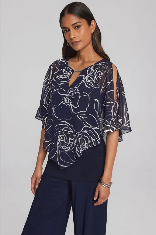 Joseph Ribkoff Midnight Blue/Vanilla Floral Print Chiffon Split Poncho Top 241783