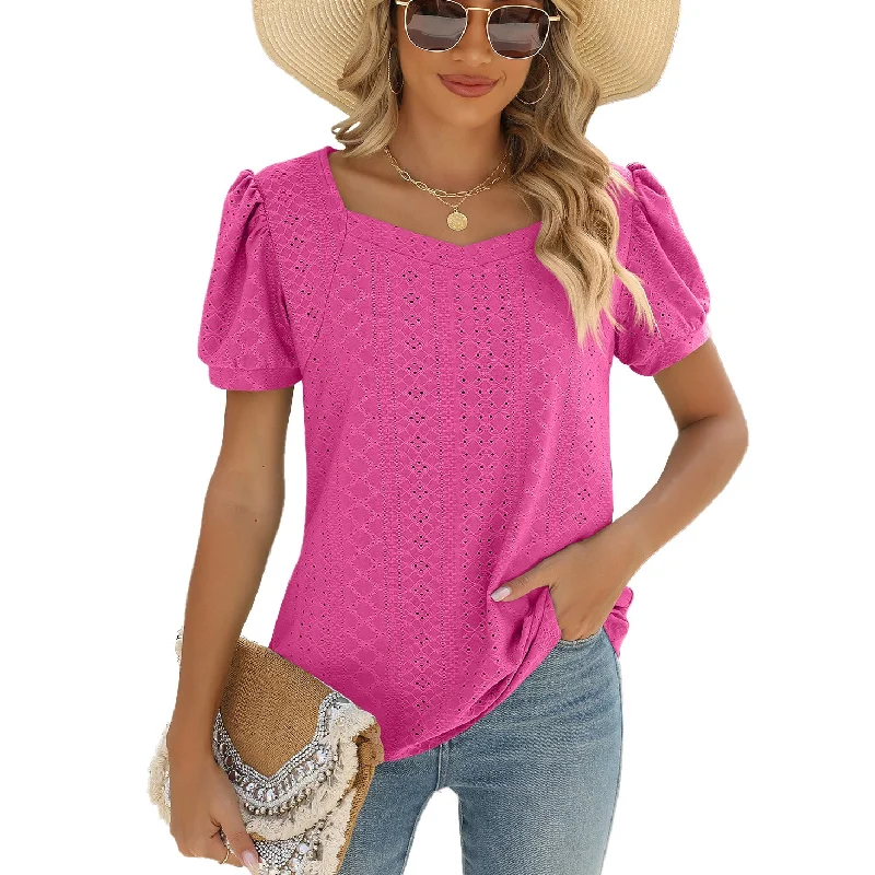 Solid Color Square Neck Bubble Short Sleeve Tee Loose Tops Wholesale Womens Clothing N3824052000076