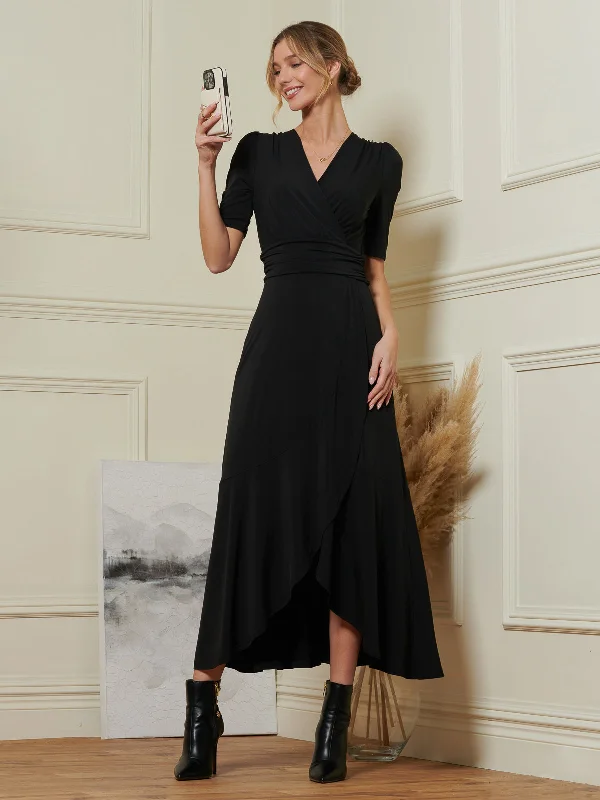 Wrap Front Frill Hem Maxi Dress, Black