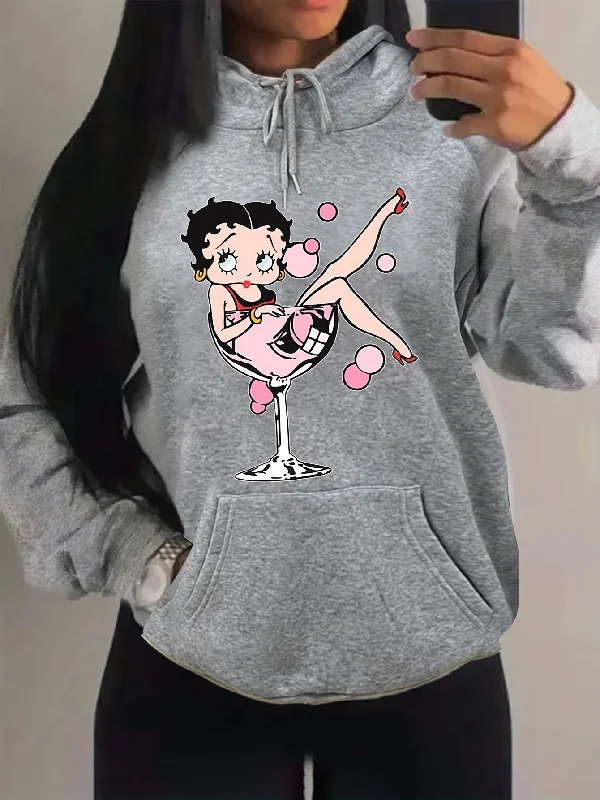 Sixsr Plus Size Casual Sweatshirt, Women's Plus Cartoon Figure Print Long Sleeve Drawstring Hooded Sweatshirt With Pockets